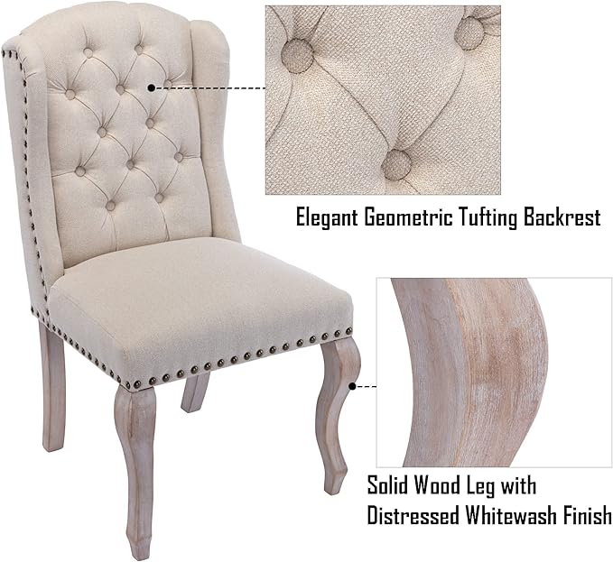 Dining Chairs Set of 4 Farmhouse Linen Fabric Upholstered Accent Chairs Tufted Wingback Host Side Chair for Kitchen/Dining Room/Living Room/Bedroom, Cream