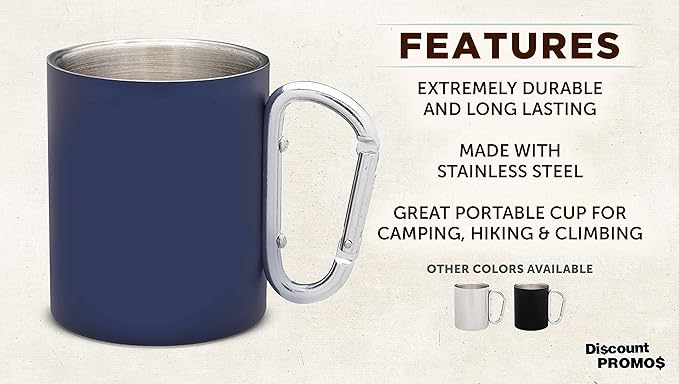 DISCOUNT PROMOS Stainless Steel Mugs with Carabiner Handle 10 oz. Set of 10, Bulk Pack - Perfect for Coffee, Soda, Other Hot & Cold Beverages - Navy Blue