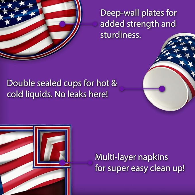 Fourth of July Paper Plates - 4th of July Disposable Plate Sets - American Flag Patriotic Party Supplies Set Plates Napkins Cups Tableware Kit for 16
