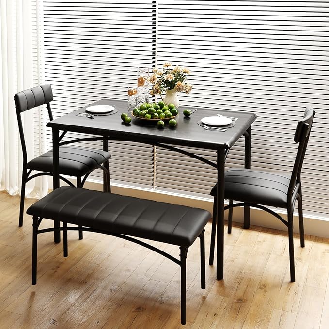Dining Table Set for 4, Rectangular Kitchen Table and Chairs Set of 4 for Small Spaces, Modern Dining Room Table Set with Upholstered Bench and 2 Chairs, Space Saving Dining Furniture for Apartments