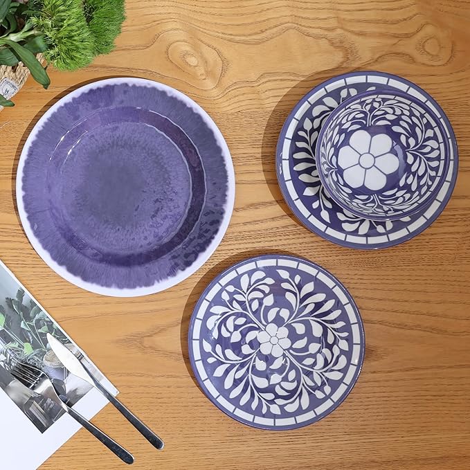 Melamine Dinnerware Set, 12 Pieces Plates and Bowls Set, Unbreakable Dish Set,Lightweight,Camping,Dishwasher Safe,Service for 4, Blue-purple