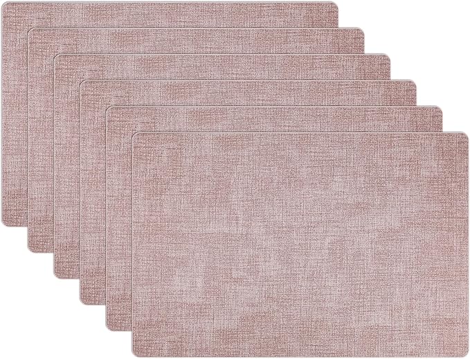 Placemats Set of 6 Faux Leather Heat Resistant Tables Mats Waterproof Oilproof Wipeable Reversible Anti-Slip Place Mats for Kitchen/Dining/Party/Outdoor 11.8" x 16.9", Pink