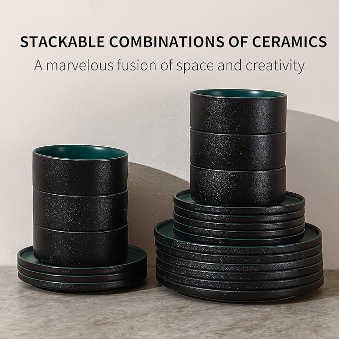 GZG Classic Series - Plates and Bowls Set for 2, 6 Piece Stoneware Dinnerware Sets, Microwave and Dishwasher Safe Lead-Free Handcrafted Ceramic Dishes Set - Malachite Green