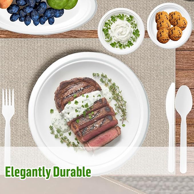Compostable Heavy Duty Disposable Paper Plates, 75 Count | 10 Inch Round | Natural Bagasse, White Biodegradable Eco-Friendly Sugarcane BBQ, Party, Gathering, Picnic Sugarcane Tray