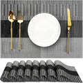 Placemats Set of 8, Vinyl Woven Place Mats Indoor Set of 8 Washable Wipeable PVC Table Mats Heat-Resistant Non Slip Plastic Placemat for Kitchen Dining Outdoor Table (Gray Black, Set of 8)