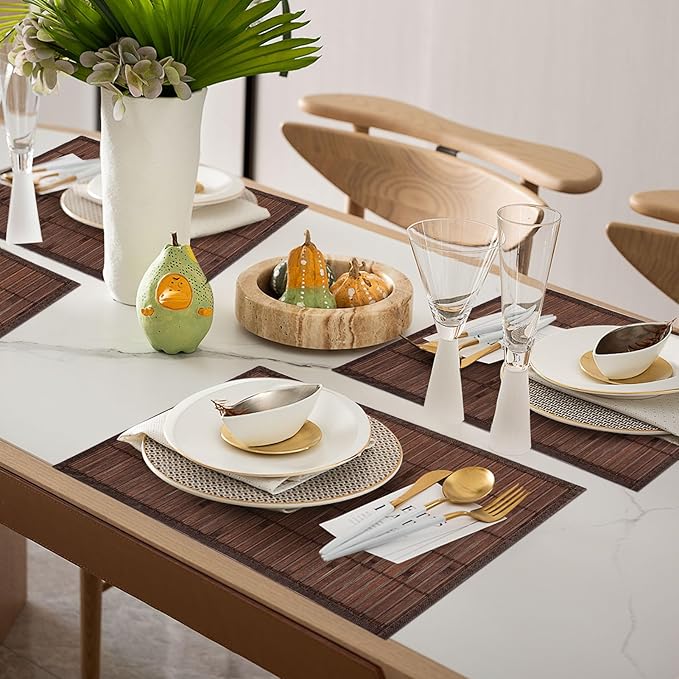 Bamboo Placemats Set of 4 Rectangular Natural Bamboo Table Mats for Dining Kitchen Table Protection Heat Resistant 17.7" W x 11.8" L Dark Brown