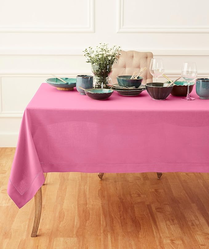 Solino Home Linen Tablecloth for Rectangle Tables 60 x 120 Inch - Classic Hemstitch 100% Pure Linen Flamingo Pink Table Cloth - Machine Washable Cloth Tablecloth for Valentines, Spring, Easter