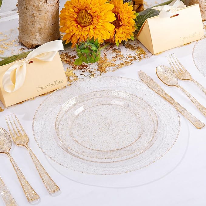WDF 200PCS Gold Plastic Plates - Gold Glitter Plastic Plates - Heavy Duty Gold Glitter Disposable Plates - Include 100 Dinner Plates 10" and 100 Dessert Plate 7" for Party Wedding Valentine's Day