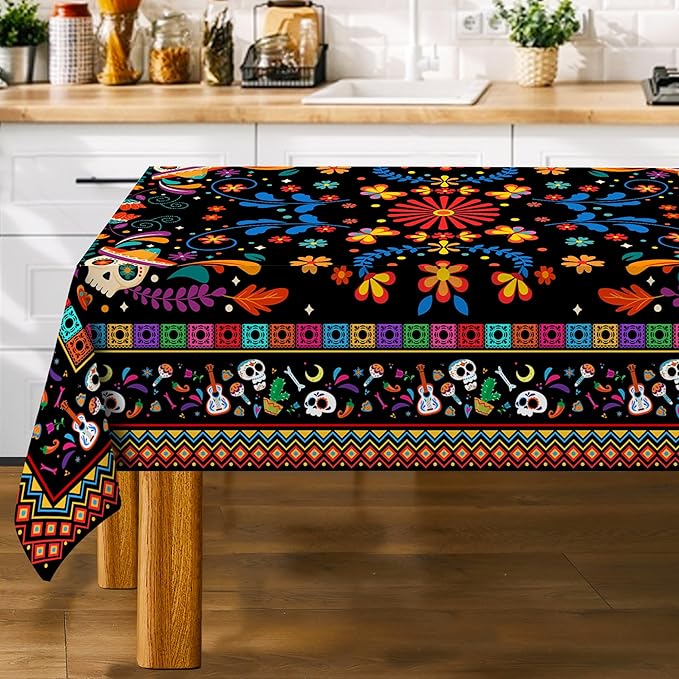 Mexican Tablecloth Rectangle 60 x 104 Inch, Cinco De Mayo Flower Skull Table Cloth Fiesta Indoor Decorations for Dining Room Party