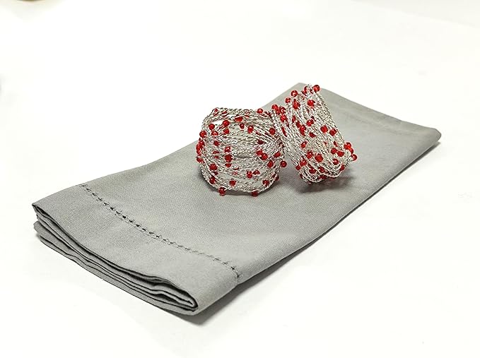 Silver Red Beaded Napkin Ring Set of 12 - Beautiful Fancy Elegant Decorative Napkin Holder for Dinner Table Decoration, Christmas, Farmhouse, Wedding, Party, Family Gathering, New Year & Everyday Use