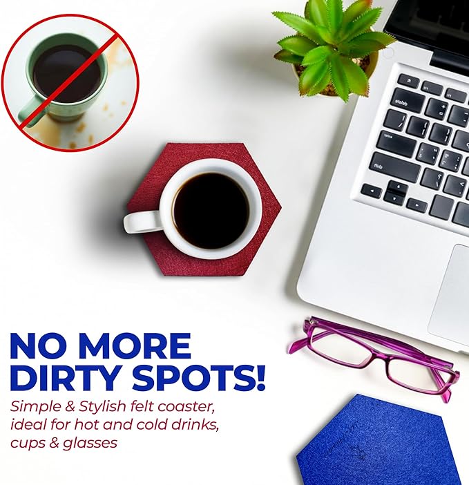 A&A Wonders Premium Felt Coasters for Drink, Two-Tone Reversible, Absorbent Felt Protects Furniture, Table, Anti Slip, Suitable for Drinks & All Table Types (Wine Red/Royal Blue, Hexagon 18 Pack)