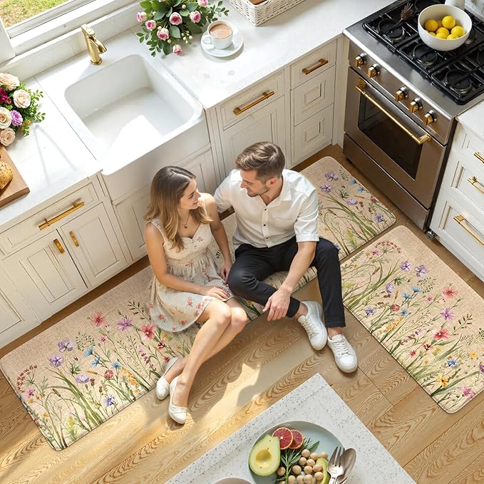 KIMODE Kitchen Anti Fatigue Mats, Farmhouse Flower Kitchen Rugs Sets of 2, Memory Foam Kitchen Mats for Floor, Waterproof Non Skid Standing Mats for Sink Laundry Office Desk Brown 20"x71"+20"x32"