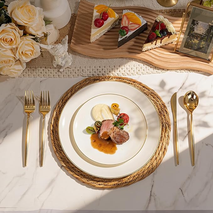 I00000 150Pcs Ivory Plastic Plates with Gold Rim,Nice Disposable plates,Gold Plastic Plates,Ivory Disposable Plates Set include 30 Dinner Plate,30 Dessert Plate,90 plastic Silverware Set for Party