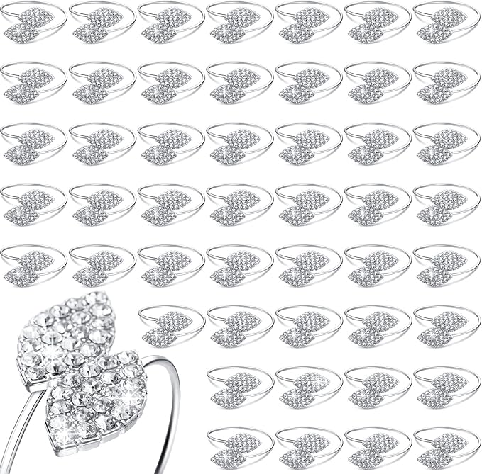 Hotop 250 Pcs Silver Holiday Napkin Rings Set Silver Bling Winter Napkin Rings Bulk Metal Leaves Holders Rhinestone Buckle for Wedding Christmas Dinner Gather Party Prom Table Decoration