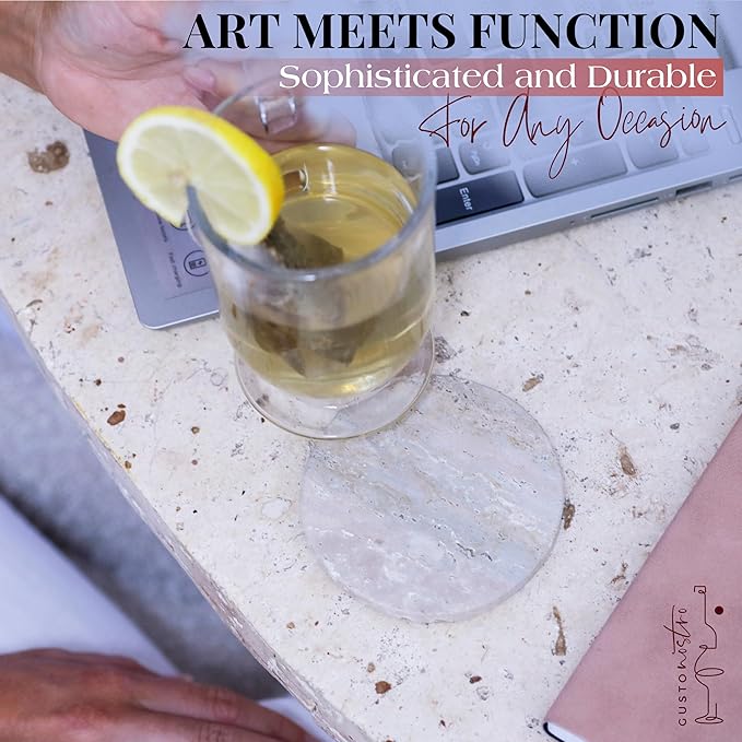 Gusto Nostro Neutral Travertine Coasters - Absorbent Stone Coasters Set of 8 - High-end, Natural Limestone Coaster for Drinks - Anti-Slip Felt Backing Travertine Coaster for Countertop, Coffee Table