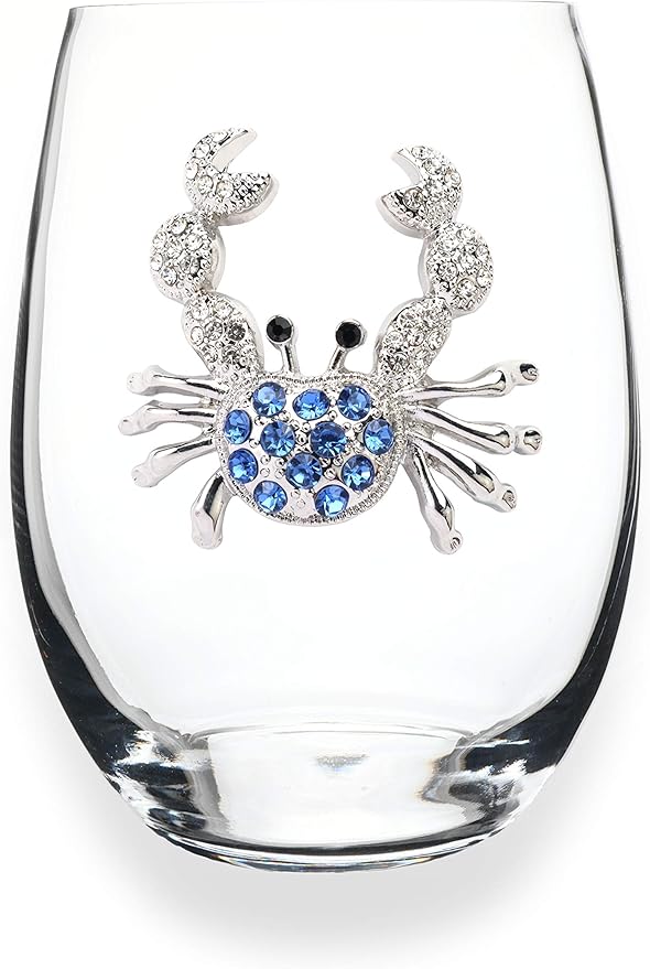 THE QUEENS' JEWELS - Blue Crab Stemless Wine Glass, 21 oz. - Coastal Elegance with Rhinestone Sparkle - Hand-Decorated Glassware - Not Painted - Dazzling and Unique