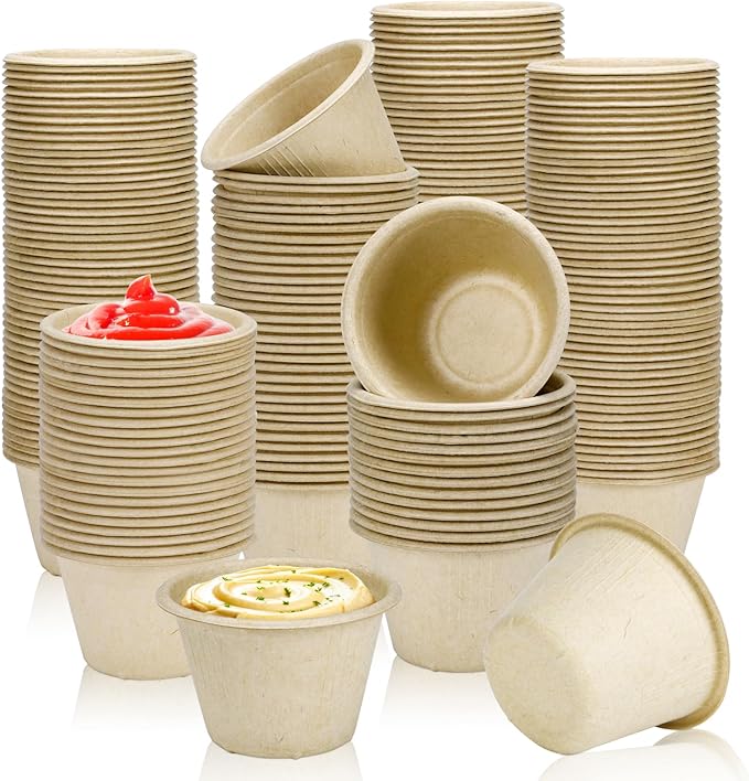 LeonBach 150 Pack 4oz Natural Bagasse Fiber Sauce Cups, Compostable Small Disposable Paper Dipping Bowls Biodegradable Condiment Portion Sample Snack Charcuterie Serving Tasting Cups