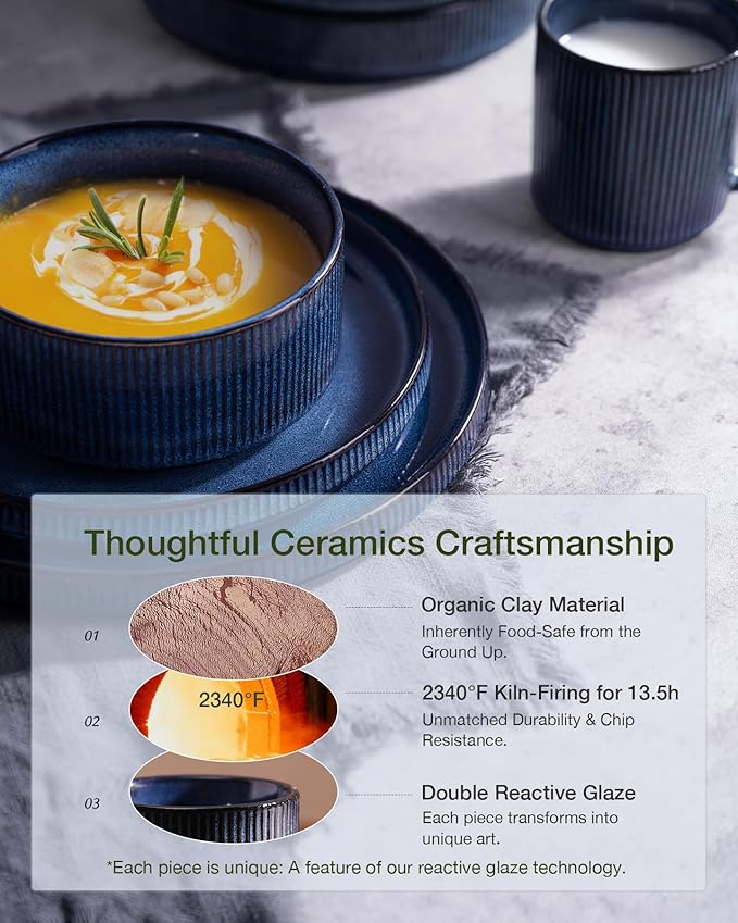 Famiware Star Dinnerware Set with Pasta Bowls, Service for 4 (16pcs), Ribbed Stoneware Plates and Double Bowls Dishes Sets - Chip & Scratch Resistant, Microwave & Dishwasher Safe, Nebulas Blue