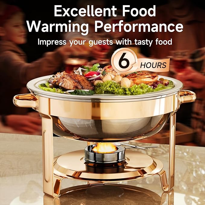 Chafing Dishes for Buffet, 4 Pack 5QT Round Stainless Steel Chafing Dish Set for Home Parties, Christmas Gatherings, Catering Events Complete Buffet Warmer Set (Rose Gold 4)