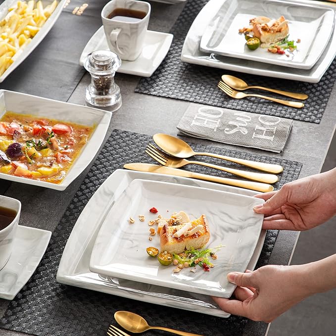 MALACASA Dinnerware Sets, 32 Pieces Porcelain Plates and Bowls Sets for 6, Marble Grey Dishes with Plates and Bowls, Cups and Saucers, Side Dish Plates, Square Dinner Set, Series Blance