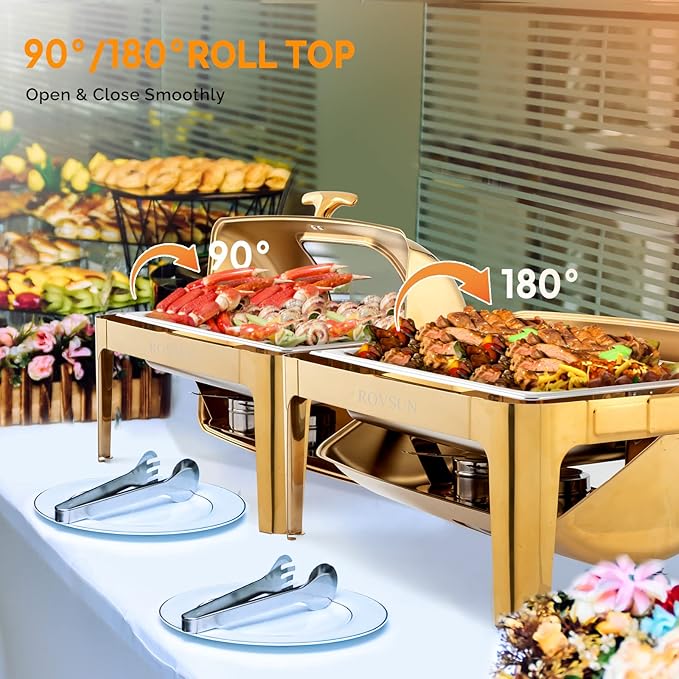 ROVSUN 9QT Chafing Dishes for Buffet 2 Pack, Roll Top Chafing Dish Buffet Set, Stainless Steel Buffet Warmer Chafers and Buffet Warmers Sets with Glass Window for Catering Parties Weddings, Gold