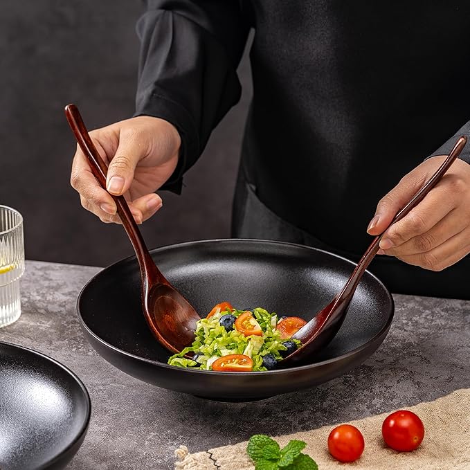 Ceramic Serving Bowls with Wooden Spoons Set of 2, Large Serving Bowl for Dinner Salad Soup Pasta Dessert Fish Fruit Chicken Bread, Oven Dishwasher Safe, 50oz Bowl for Entertaining, 9.75" Pure Black