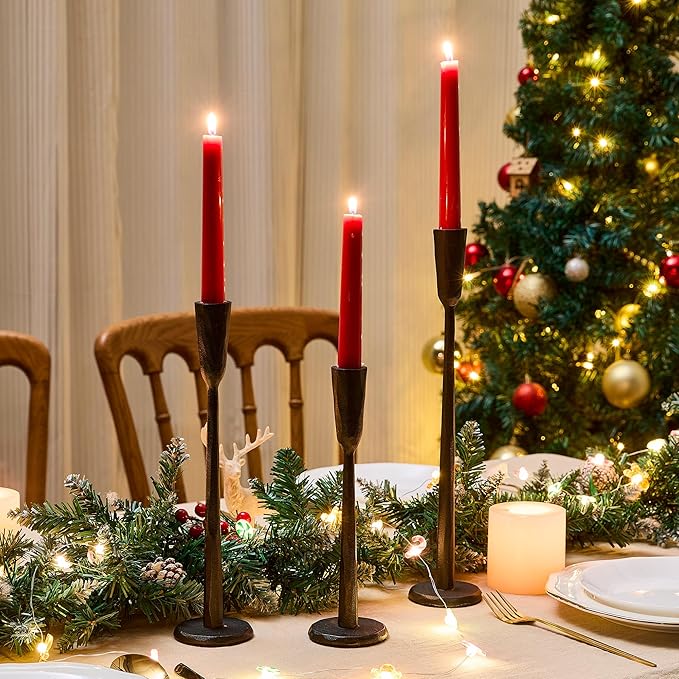 Cast Iron Taper Candle Holder Set of 3, Heavyweight Tall Candlestick Holders, for Fireplace Mantle & Dining Table, Versatile Decor for Wedding, Holiday, Home & Christmas (Black)