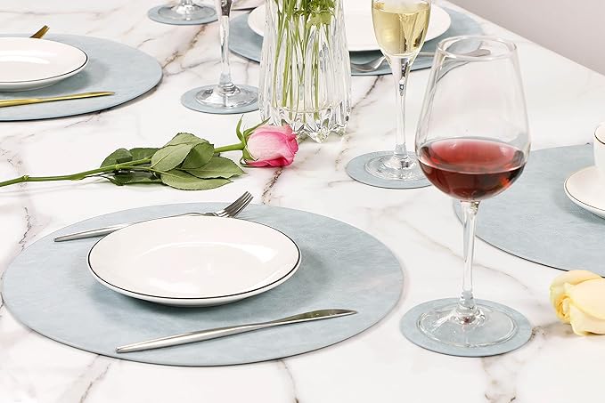 Set of 6 Embossed PU Leather Placemats, Waterproof Coffee Coasters, Kitchen Table Mats, Easy to Wipe Off for Dining Round Table