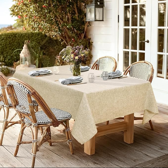 JIUZHEN Faux Linen Farmhouse Tablecloth Rectangular, Wrinkle Stain Resistant Table Cloth Rectangle Table Cover for Kitchen Dining, Holiday Party Dinner, Beige, 60 x 84 Inch