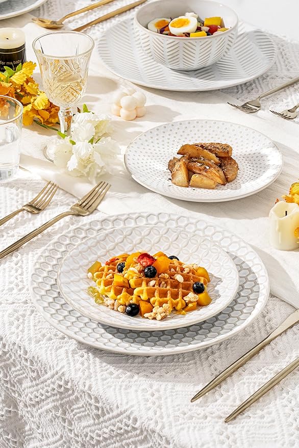 16-Piece Ceramic Plates and Bowls Set,Dual Bowl Dish Set with Dinner & Pasta Bowls，Elegant Embossed Dinnerware for Modern Homes,for Microwave & Dishwasher Safe