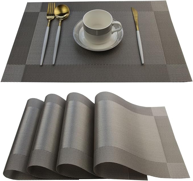 Placemats Set of 4 Washable Easy to Clean Woven Vinyl Placemats for Kitchen Table Woven Table placemats Mats 12x18 inches (Grey)