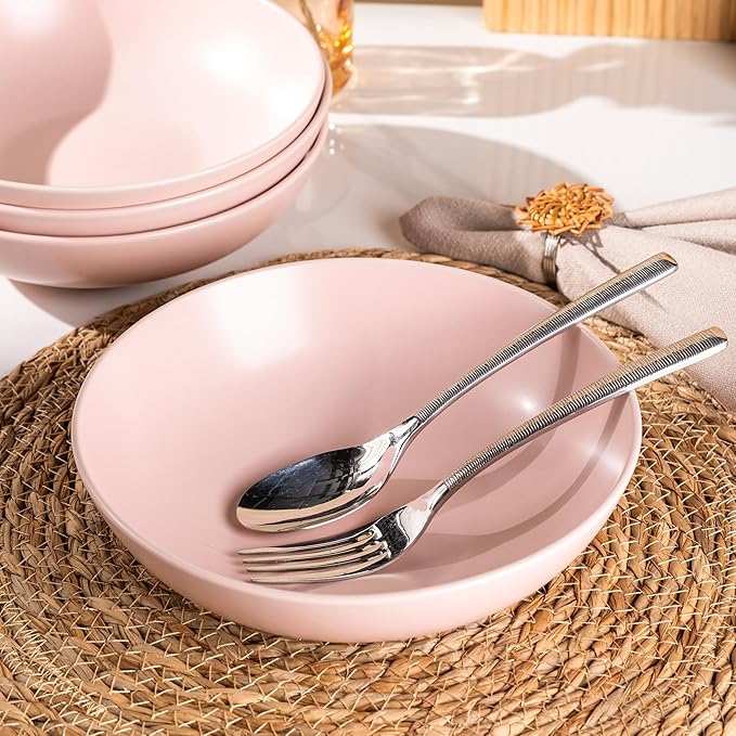 AmorArc 8.75‘’ Large Pasta Bowls, 42 ounce Deep Stoneware Bowls Set of 4 for Kitchen, Wide Bowl for Pasta/Salad/Fruit/Oatmeal/Soup, Microwave&Dishwasher Safe-Matte Pink