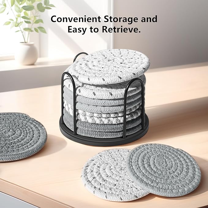 Coasters Set of 8 for Drinks, Beer, Coffee, Cotton Woven 4 Colors Absorbent Coaster with Holder, Boho Coasters for Home Decor Tabletop Protection Suitable for Kinds of Cups