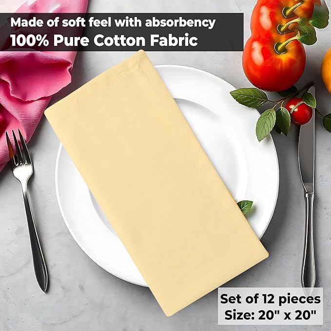 Urban Villa Cloth Napkins Set of 12 (20x20 Inches) 100% Cotton Napkins Cloth Washable Soft Durable Reusable Absorbent Table Dinner Napkins Cloth for Hotel Lunch Restaurant Weddings Parties – Yellow