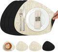 Placemats and Coasters, Washable Reversible Placemats Round Faux Leather Wipeable Place Mats Non Slip Heat Resistant Indoor Outdoor Table Mats (Set of 4, Cream Black)