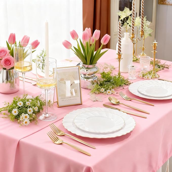 U-QE 60 Pcs White Plastic Plates with Gold Rim – Fancy Scalloped Plates Disposable - Premium Hard Plastic Plates Include 30 10" Dinner & 30 7" Dessert Plate for Party & Valentines Day