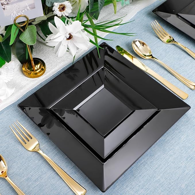 Liacere100PCS Black Plastic Plates-Premium Black Square Disposable Plates-Include 50PCS 9.5inch Dinner Plates - 50PCS 6inch Dessert Plates for Party&New Year&Halloween