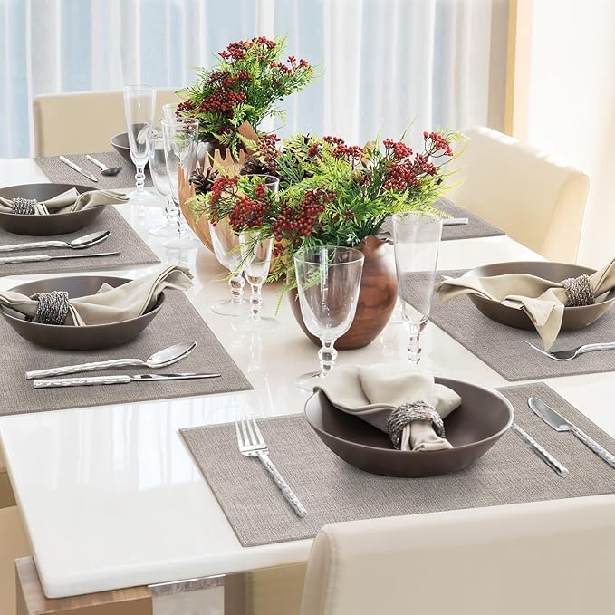 Faux Leather Placemats Set of 8 Washable PU Table mats for Kitchen Table - Heat Resistant, Waterproof, Easy Clean, Anti Slip 11.8" x 17" (Light Brown-8 Pack)