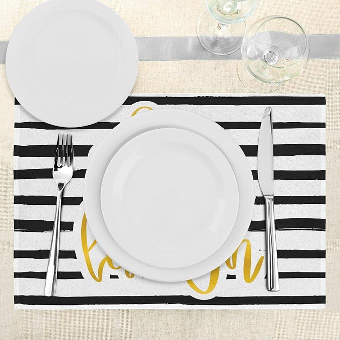 Ambesonne Live Laugh Love Place Mats Set of 4, Romantic Design Hand Drawn Stripes and Calligraphic Text, Washable Fabric Placemats for Dining Table, Standard Size, White Yellow