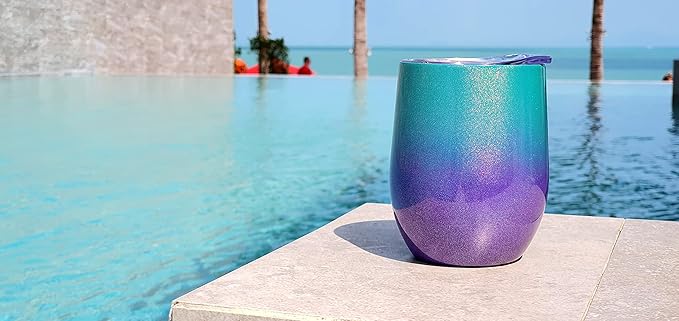 CHILLOUT LIFE 12 oz Stainless Steel Wine Tumbler with Lid - Double Wall Vacuum Insulated Wine Cup Glass Keeping Cold & Hot for Coffee, Champagne, Cocktails, Ice Cream - Mermaid Sparkle
