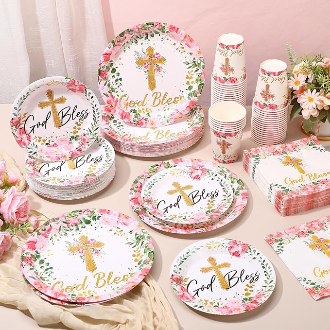 Pickmesh 250 Pcs Pink Baptism Cross Disposable Tableware Set First Holy Communion Baptism Disposable Paper Plates Napkins and Cups for Christening Celebration Baby Shower Religious Supplies