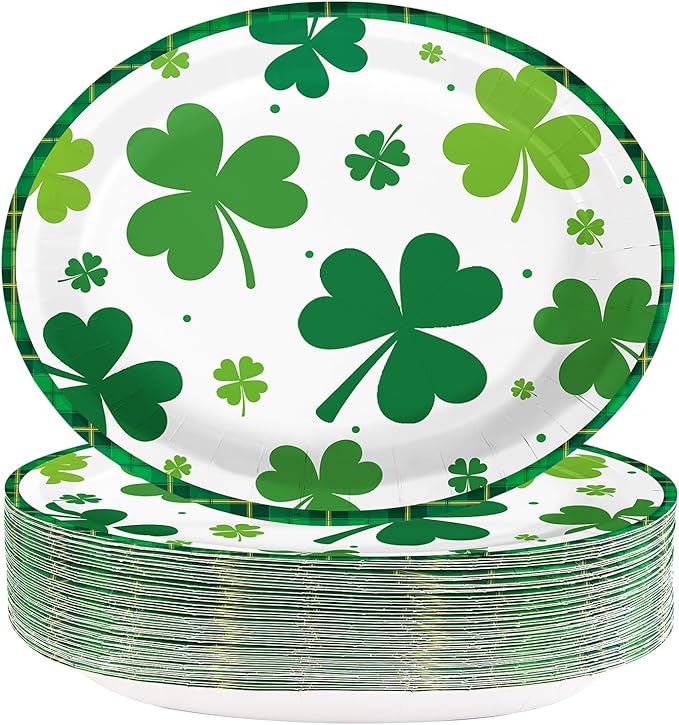 50Pcs St. Patrick’s Day Oval Paper Plates 10" x 12" Large Heavy Duty Disposable Spring Green Irish Shamrock Dessert Platters Lucky Clover Plates for Summer Holiday Festival Party Supplies Decoration