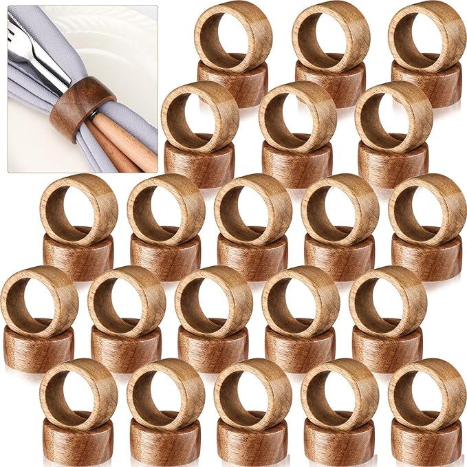 Zhehao 50 Pcs Wood Napkin Rings Bulk Acacia Handmade Dining Table Napkin Holder Buckles for Winter Spring Valentine's Day Wedding Dinner Harvest Holiday Table Decoration(Round,Brown)