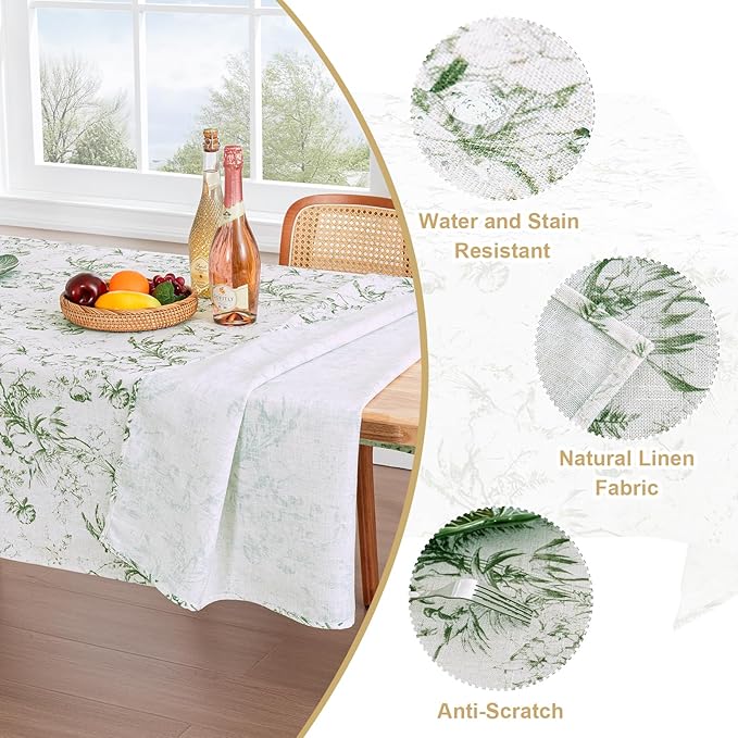 H.VERSAILTEX Linen Table Cloths Floral Printed Tablecloth Spill-Proof Waterproof Table Cover for Dining Buffet Feature Soft and Thick Fabric Wrinkle Free, 60 x 120 Inch, Vintage Botanical - Green