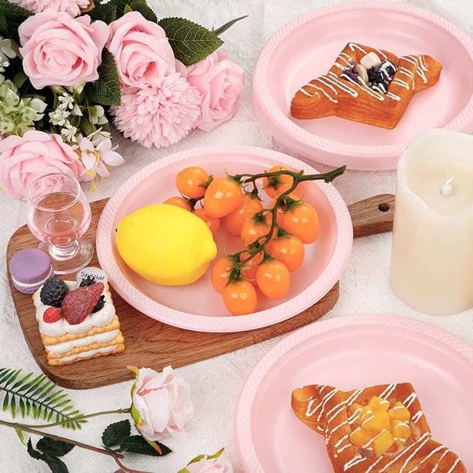 WELLIFE Pink Plastic Plates 9 Inch -150 Count for Party, Disposable Plastic Party Plates for Valentine's Day Easter Mother's Day Baby Shower Dinner Dessert Cake Light Pink