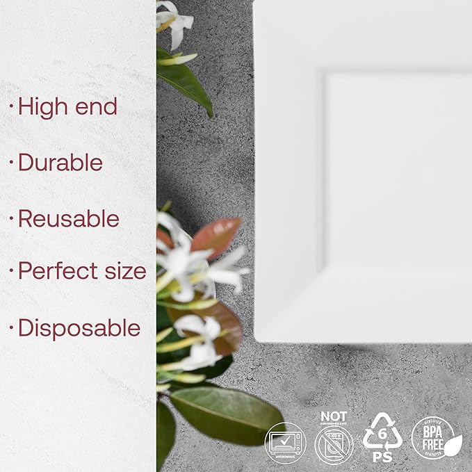 Smarty Had A Party 120 Disposable Plastic Dessert Plates, Fancy Square White Salad Plates, 6.5" for Appetizers and Cake, Heavy Duty Bulk Party Supplies for All Occasions