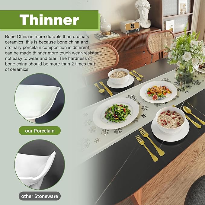 Yoshy 12-Piece White Bone China Dinnerware with Lightweight Durable Chip Resistant Design Service for 4 (12 Piece - Service for 4, Streamsong)