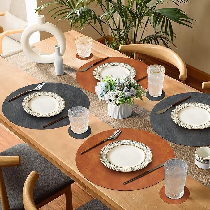Round Placemats and Coasters Set of 8, Washable Reversible Faux Leather Placemats Cowhide Pattern Place Mats Wipeable Non-Slip 15 inch Round Kitchen Dining Table Mats (Gray Brown, 8)