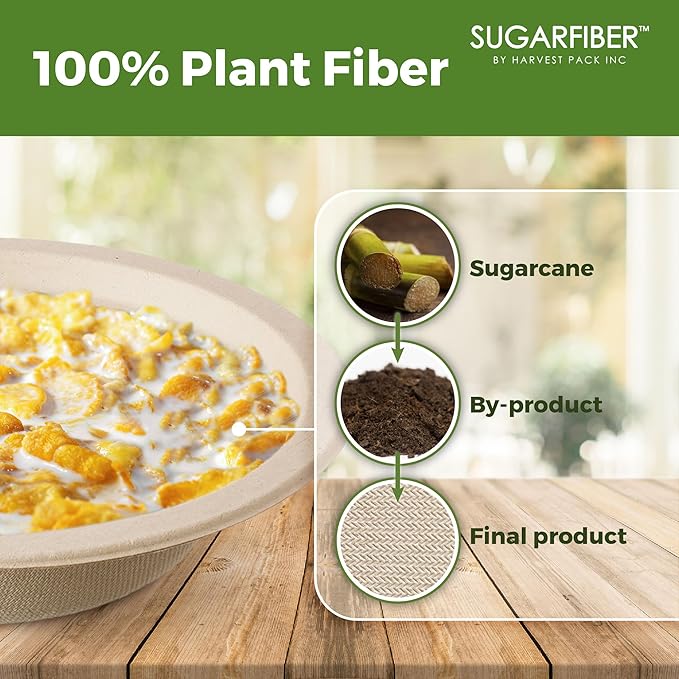 [50 Count] Harvest Pack PFAS Free 12oz Round Paper Bowls - Compostable Heavy-Duty Eco-Friendly Disposable Bagasse Bowls Sugarcane Natural Plant fibers for Meal Prep Takeout Dinnerware