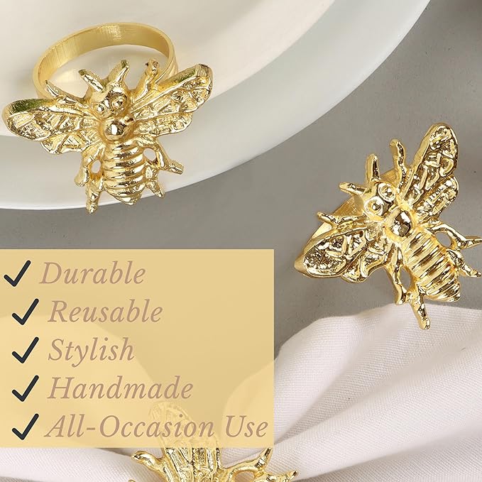 ALPHA Living HOME 12 Pcs Decorative Bee Napkin Rings - Metal Napkin Rings Table Decor Napkin Ring, Dining Cloth Napkin Holder, Farmhouse Napkin Ring, Modern Napkin Holders (Gold)